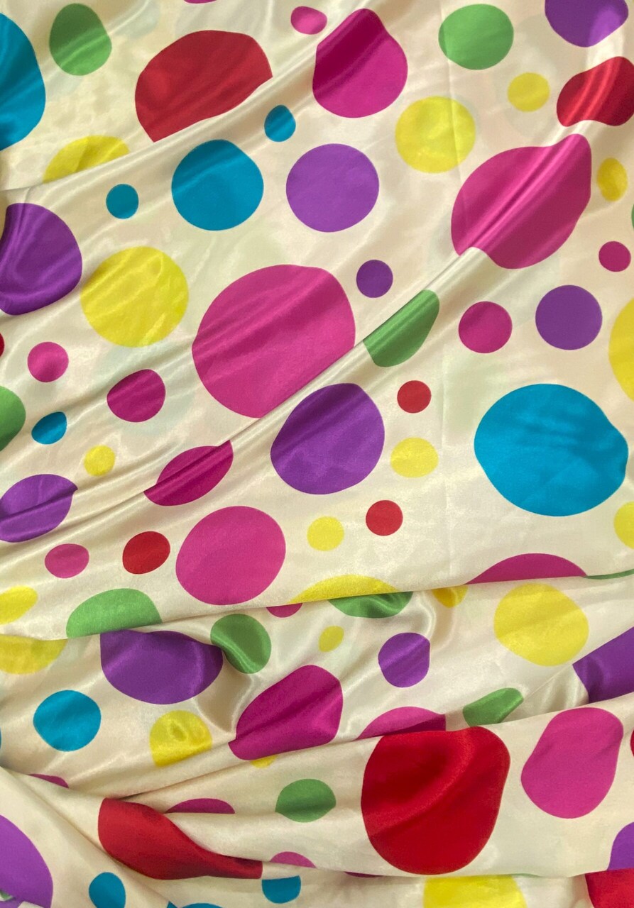 1 Yard Multicolor Polka Dot Satin Fabric Dark Ivory Background Lightweight Semi Shiny Polyester 58 Inch Width